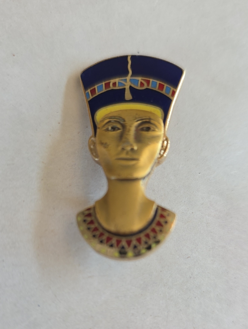 1970s Signed Gold-Tone Nefertiti Brooch with Blue and Red Enamel Accents